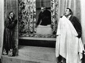 Ralph Lynn, Gordon James and Tom Walls in Plunder (1928) on stage.