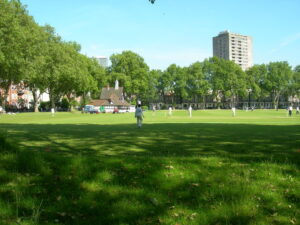 Vincent Square looking towards the pavilion during a game of cricket. 