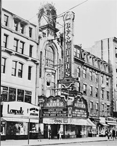 Tremont Street entrance of B. F. Keith Memorial Theatre, Boston, showing Having Wonderful Time (1938).