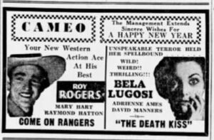 A 1939 Cameo Theater advert for the 1938 Western film Come On, Rangers and The Death Kiss, in Morning Call, Allentown, PA.