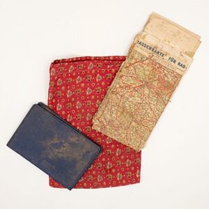 Objects used during Cioma Schönhaus’s escape: the road map and document case, and their chest pouch are now in the collection of the Jewish Museum of Switzerland.